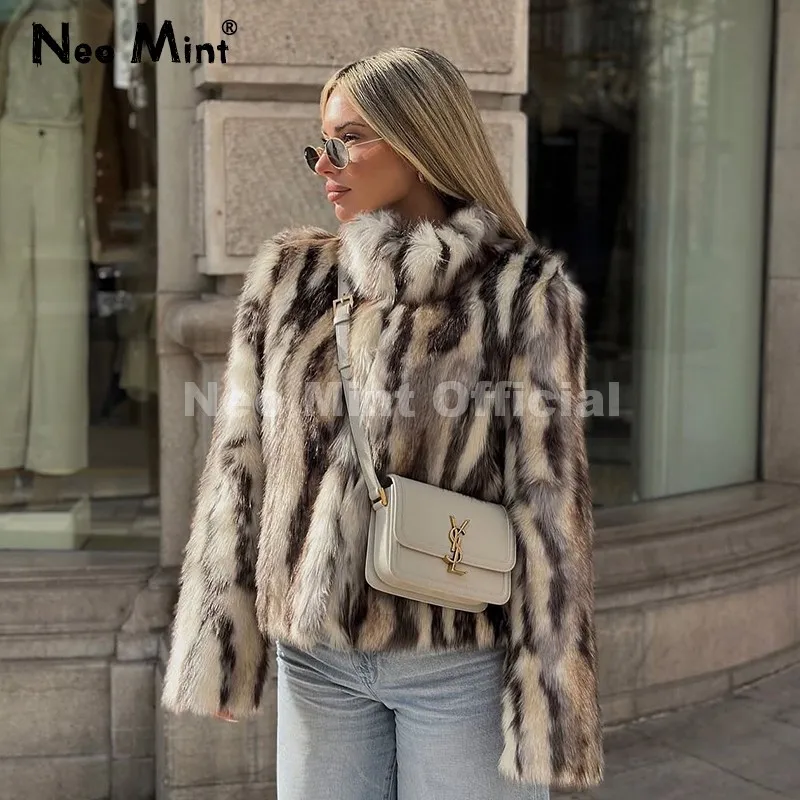 Neo Mint Brand Designer Zebra Strip Print Faux Fur Jacket Women
