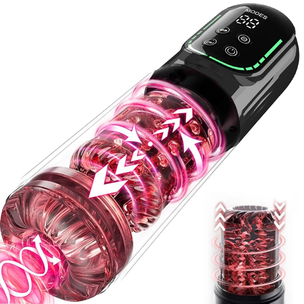 LCD-männlicher Masturbator, Penispumpe, Taschenmuschi mit Vakuumpumpe, stoßend, rotierend, vibrierend, saugen, 3D-Stroker, Sexspielzeug für Herren