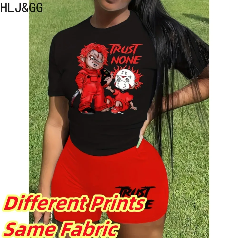 HLJ&GG Summer Pattern Print Biker Shorts Tracksuits Women Round Neck Tshirts And Shorts Two Piece Set Casual Female 2pcs Outfits