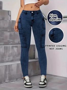 【Non-Denim】Women's Faux Denim Print Leggings, Sports Casual Skinny Pants, Thin Soft Skin-Friendly Yoga Pants, All-Season Long Pa 1