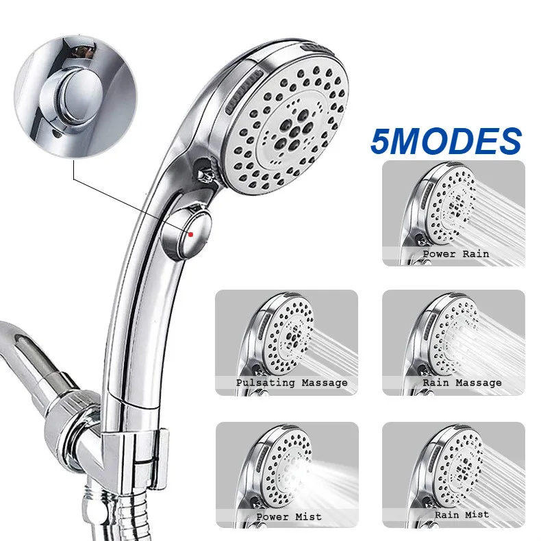 

High Pressure 5 Setting Shower Head Hand-Held with ON/OFF Switch and Spa Spray Mode Hand Held Shower Head Spray Shower