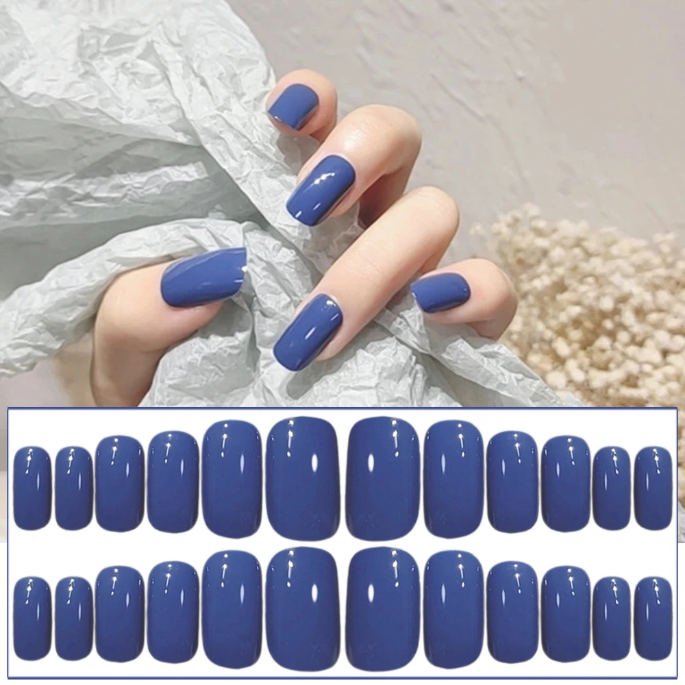 24pcs Blue False Nail French Midi Press On Nails Elegant Fingernail Sticker  Manicure Save Time Salon DIY Art WH998| | - AliExpress