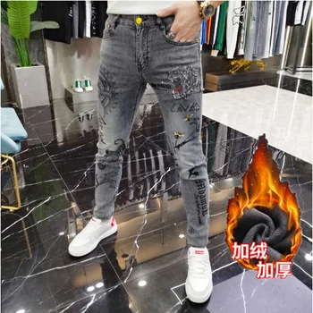 남성용 타이거 프린트 청바지, 양모 추가, 두꺼운 바지, 고품질, 가을, 겨울, 힙합 청바지, 스트리트웨어, 데님 바지, 2023 신상