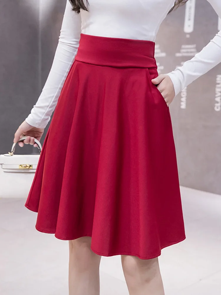 New Pockets Style Summer Women Skirts Solid Color Fashion Knee-Length Casual Lady Spring Autumn Elegant A-line Skirt Red Black