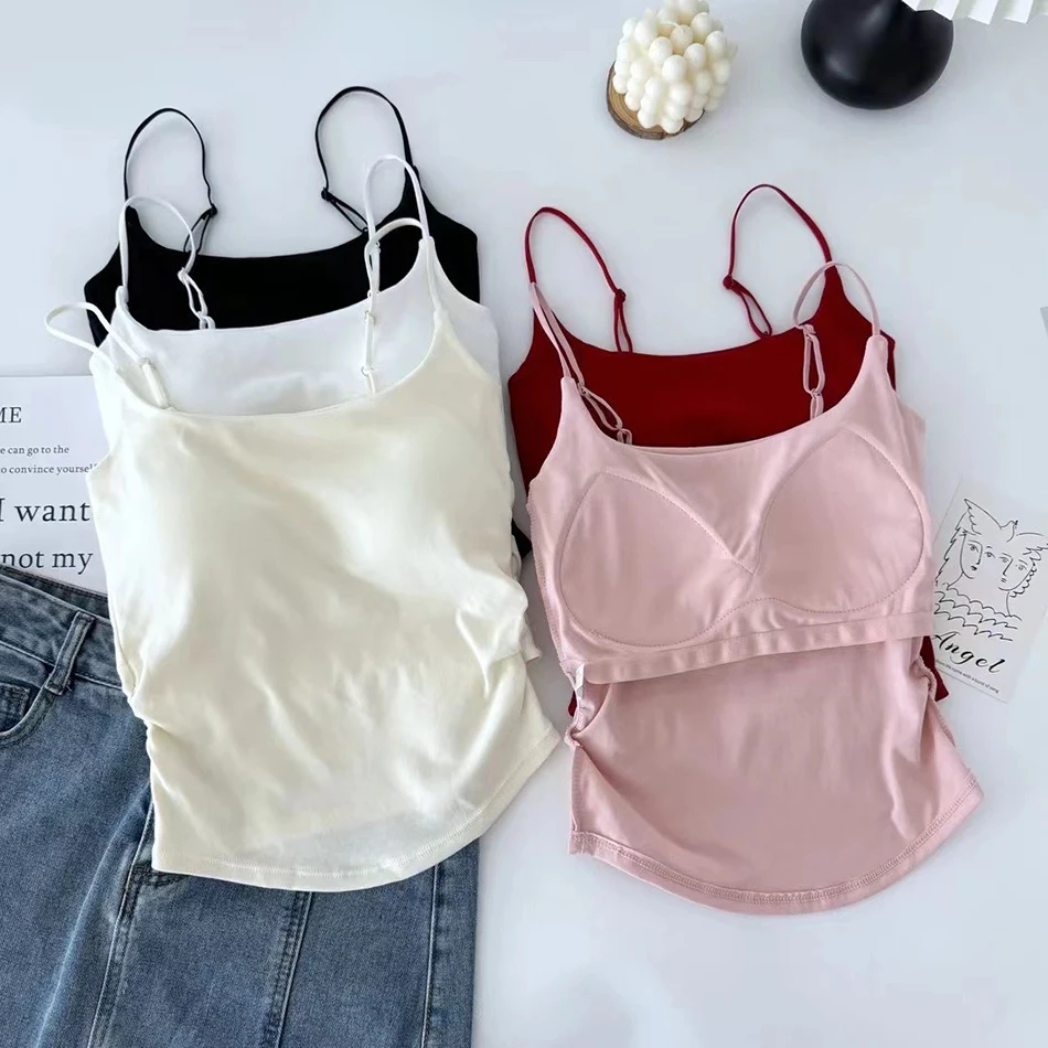 Fashionable and Versatile Solid Color Slim Shoulder Strap Camisole Vest Women Chest Cushion Summer Thin Base Underwears 3