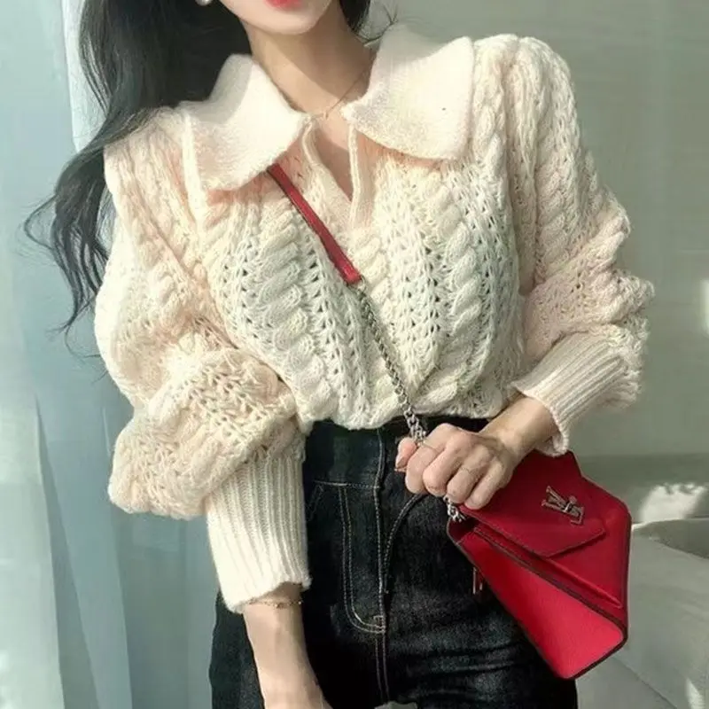 

Korean chic sweet sweater versatile polo collar heavy industry Fried Dough Twists loose pullover solid hollow knit sweater women