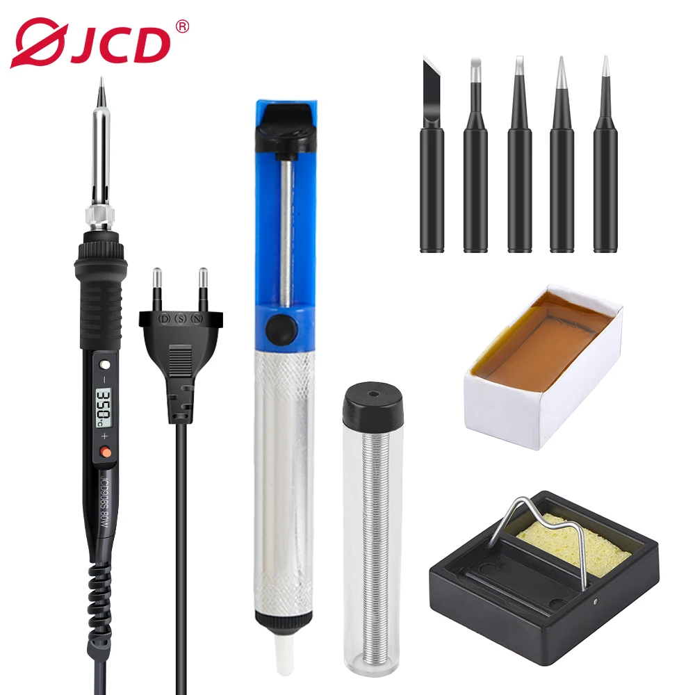 JCD 80W Electric Soldering Iron Adjustable Temperature LCD Welding Tool Ceramic Heater Soldering Iron Head Welding Solder Tools