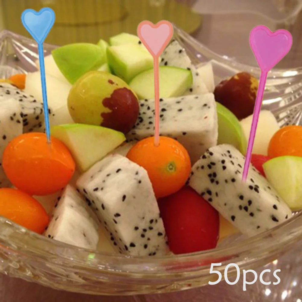 50pcs Plastic Fruit Forks Disposable Fruit Toothpicks Cute Colorful Portable Creative Love Heart Shape Kitchen Accessories