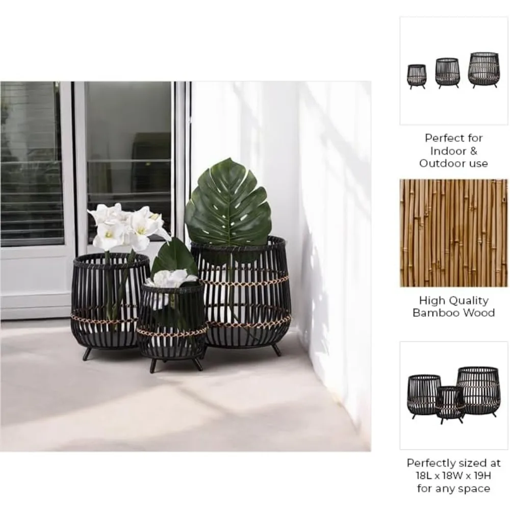 Set of 3 Black Bamboo & Metal Planters – 10", 14", 17" 4