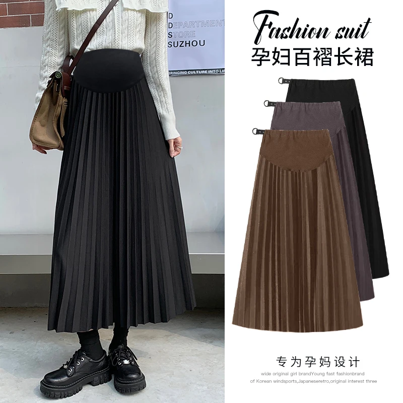 New Autumn Winter Pleated Thick Warm Maternity Skirts Elastic Waist Belly Casual Clothes for Pregnant Women Pregnancy