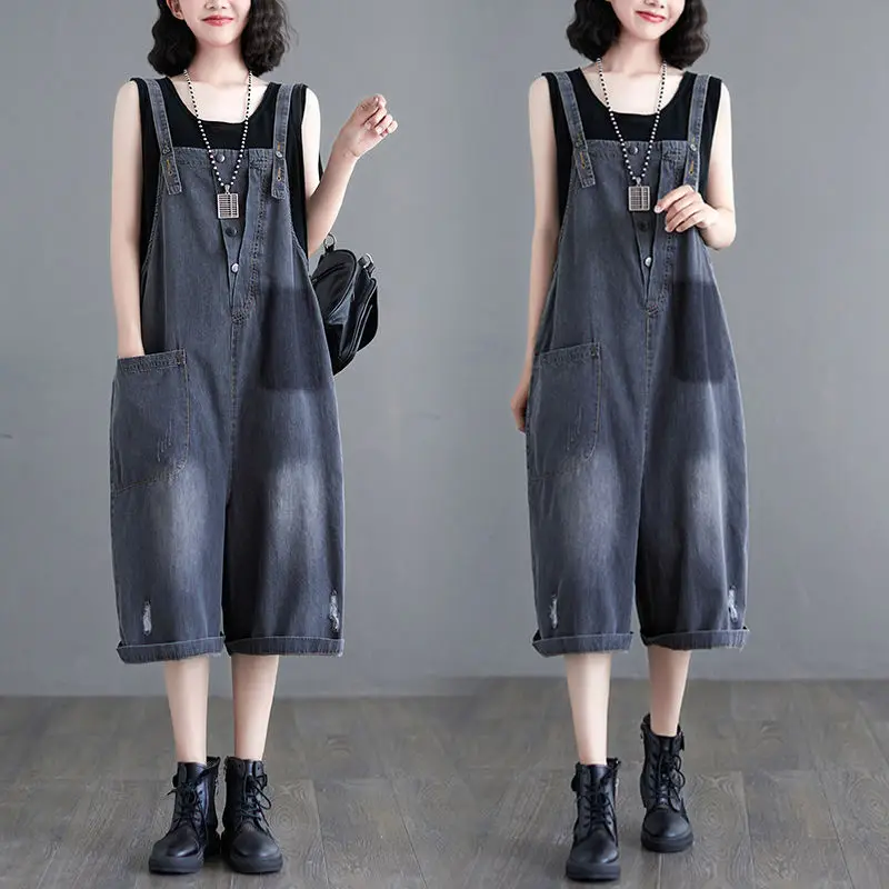 

Women Streetwear Commuting Overalls Vintage Loose Casual Wide Leg Pants High Waist Strap Straight Jeans Trousers New 2024 YC46