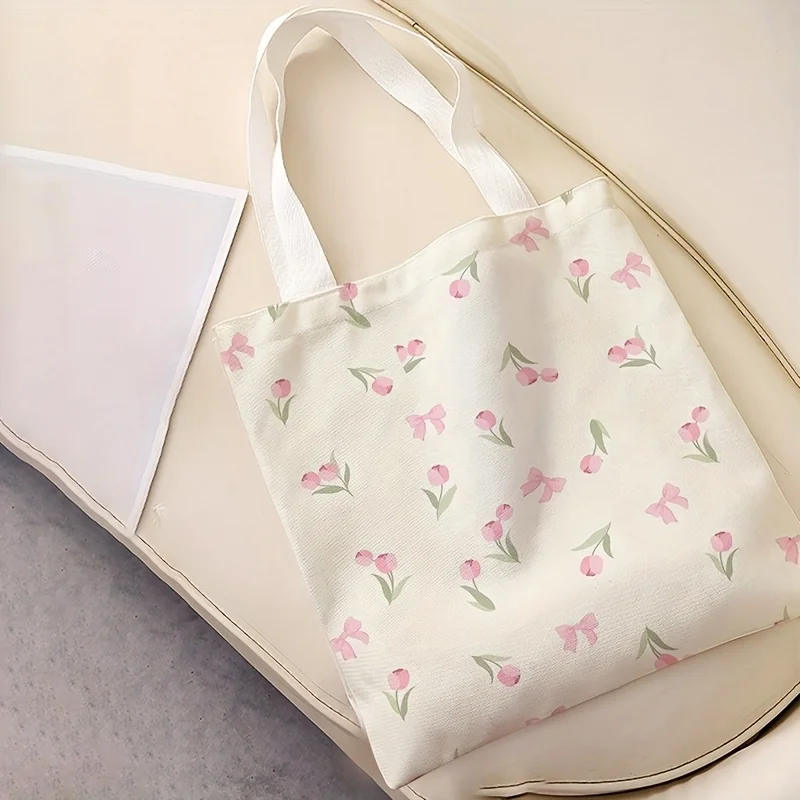 Tulip printed casual handbag, reusable fashionable backpack, multifunctional handbag, canvas shopping bag