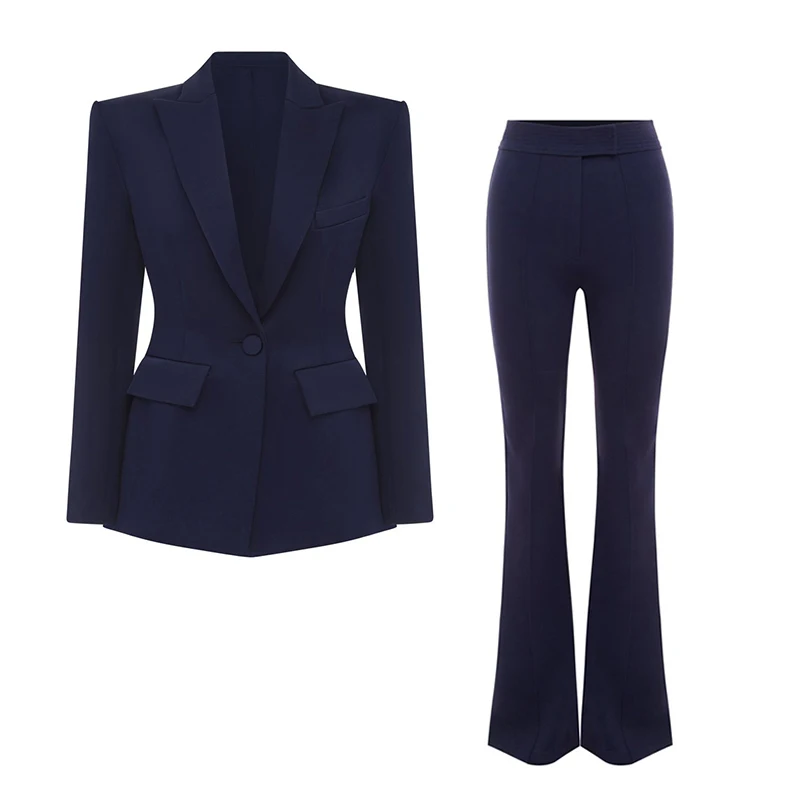 

Pantsuit Suits Blazer Women Navy Blue Jacket Single Button Flare Pants Two Piece Sets Office Business Female Suit Outfits