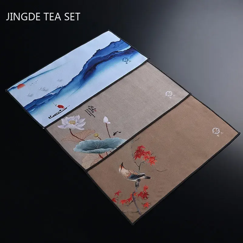 High-grade Thickened Plush Absorbent Tea Towel Painted Zen Tea Cloth Special Tea Table Rag Home Cleaning Tools Kitchen Towel
