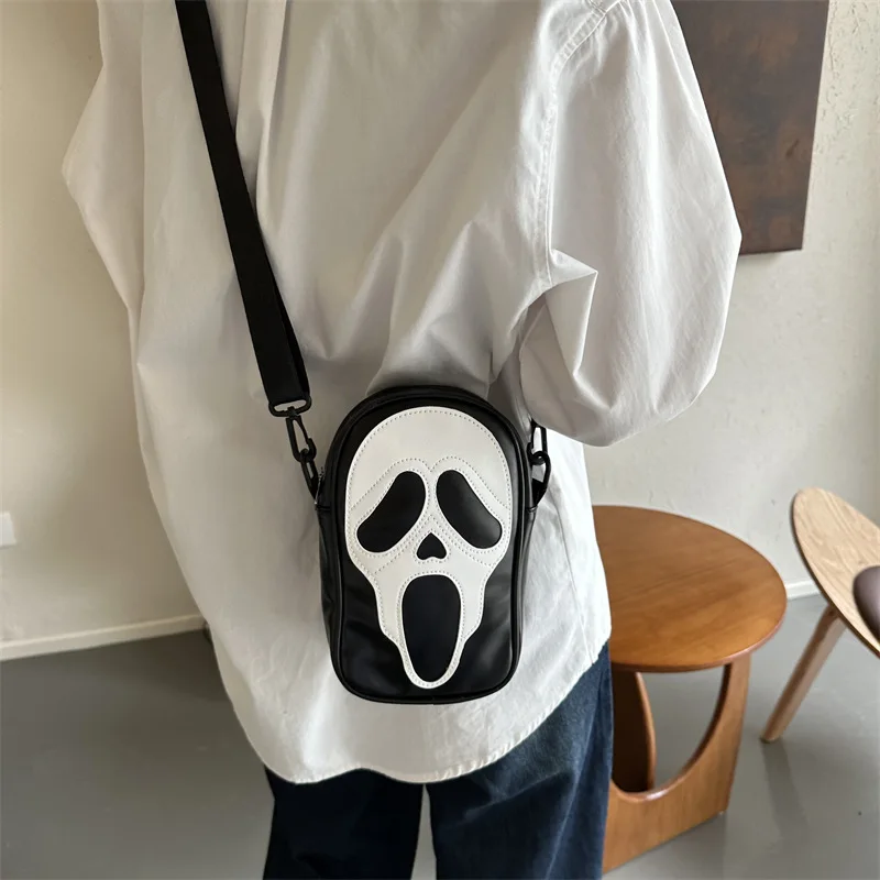 Edgy Skull & Ghost Crossbody Shoulder Bag, New Funny Phone Carrier Purse for Women/Men Compact Square Bag Gothic Personality