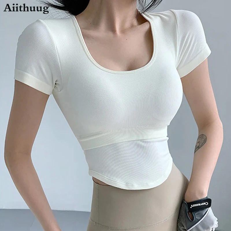 

Aiithuug U-neck Hollow Back Curve Hem Thread Yoga Tops With Built In Cup Tight Fitting Short Sleeves Quick Drying Gym Sport Suit