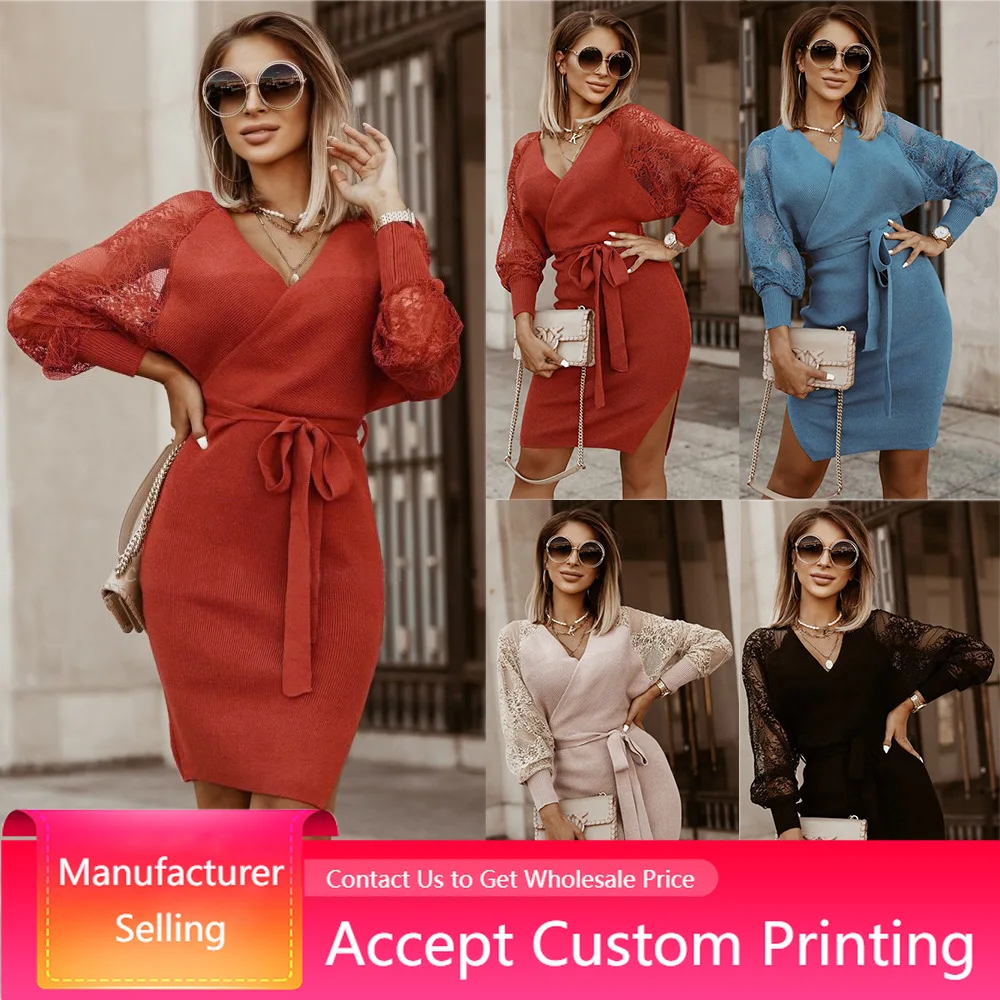 

Hot Selling Sexy Lace Long Sleeve V-neck Pullover Ladies Dress Slim Knit Women Sweater Dress Classy Party Sheath Dresses