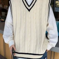 American Style Retro V-Neck College Knitted Vest Men's Autumn Winter Twist Color Couple Sleeveless Tank Top