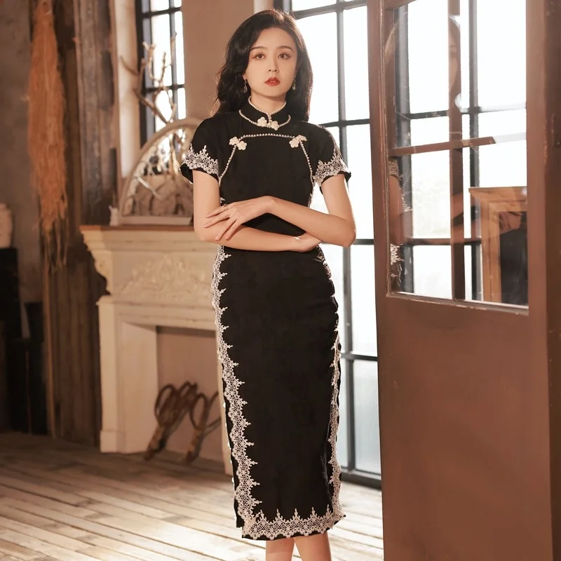 

Sheng Coco Lady Black Lace Fashion China Qipao Short-sleeved Jacquard Cheongsam Spring Elegant Style Daily Chipao Roupa Oriental