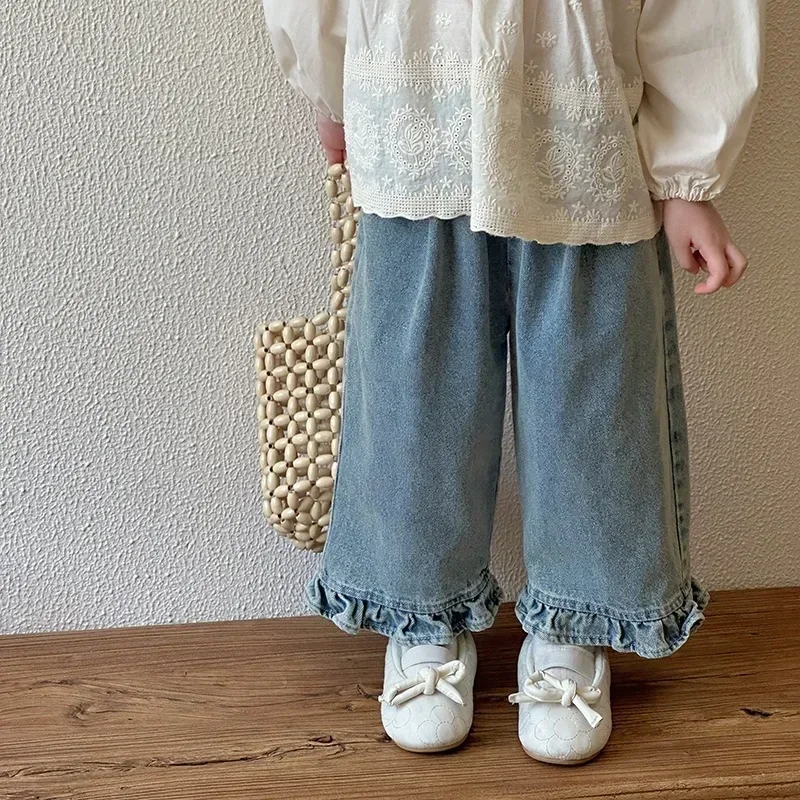 Kids Jeans Girls New 2024 Spring  Autumn Childrens Fashion Casual Wide-leg Pants Lace Princess Sweet and Lovely 3