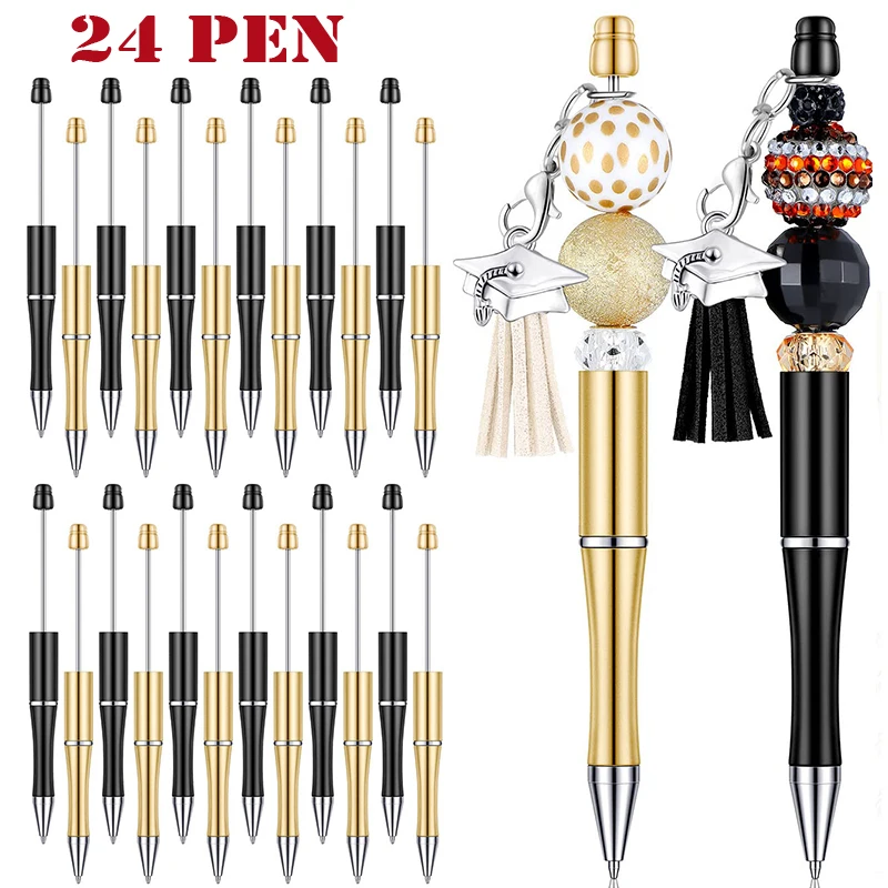 

24Pcs Plastic Beadable Pen Bead Ballpoint Pen Bead Pen Black Ink Rollerball Pen for Kids Students Office School Supplies