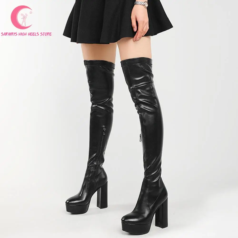 

Sexy Strech Boots Women Platform Chunky High Heels Thick Bottom Over The Knee Motorcycle Boots Trendy High Boots Winter Ladies
