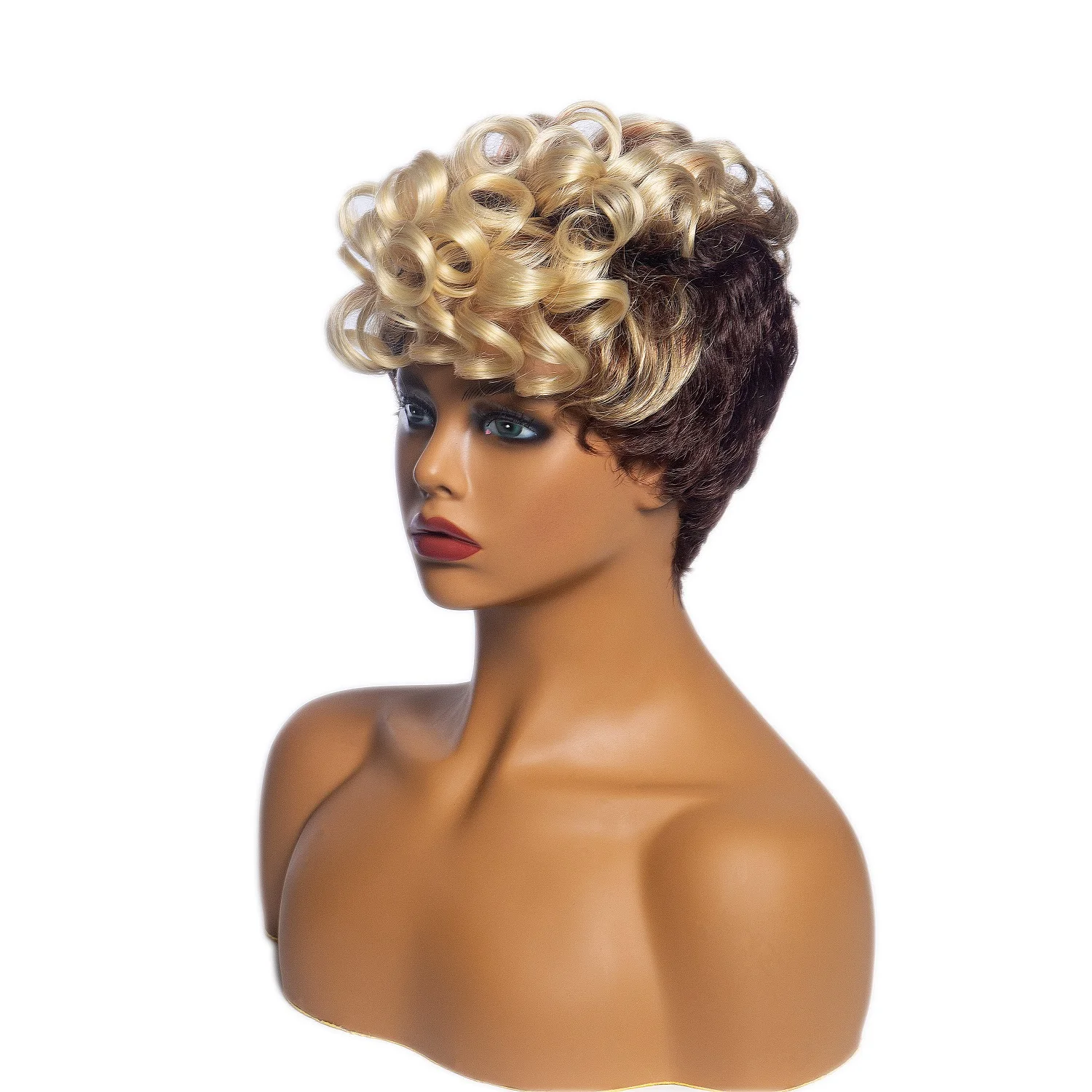 Brazlian Curly Hair Short Pixie Cut Hairstyle Pretty Blonde To Brown Heat Resistant Synthetic Afro Wavy Party Wigs for Women