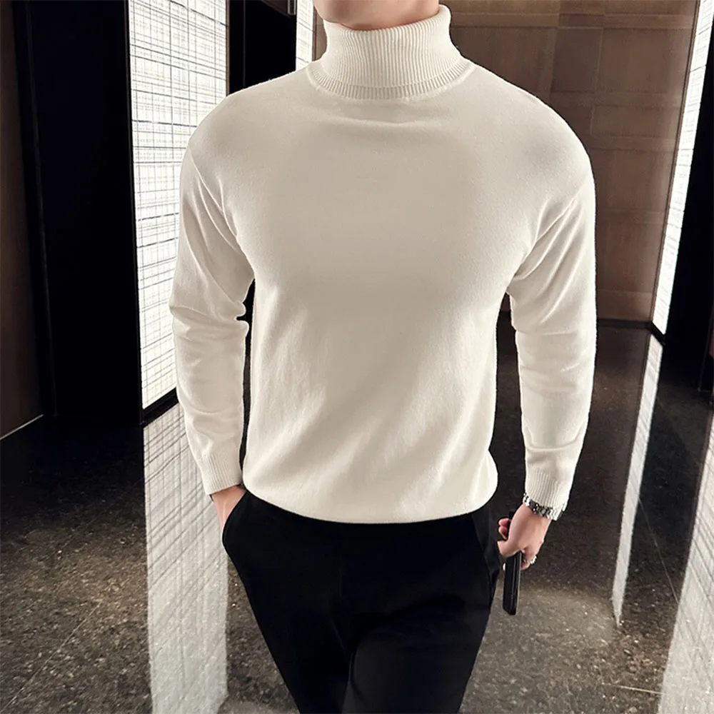 Korean Fashion Autumn Winter Sweaters Men Pullovers Fleece Turtleneck Knitted Sweatshirt Warm Bottoming Shirts 2