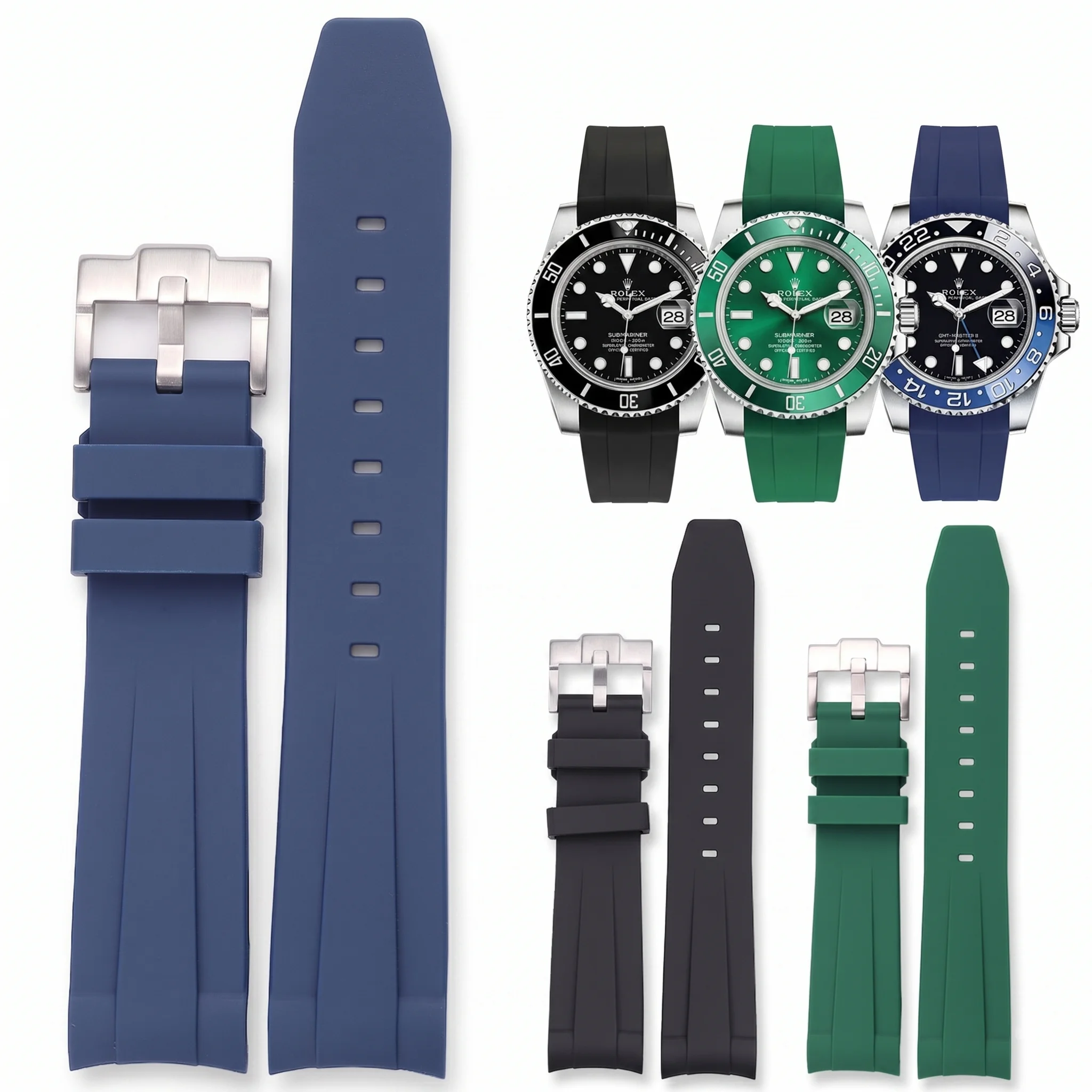 Premium 20mm Curved End Silicone Watch Band - Waterproof Rubber Dive Strap