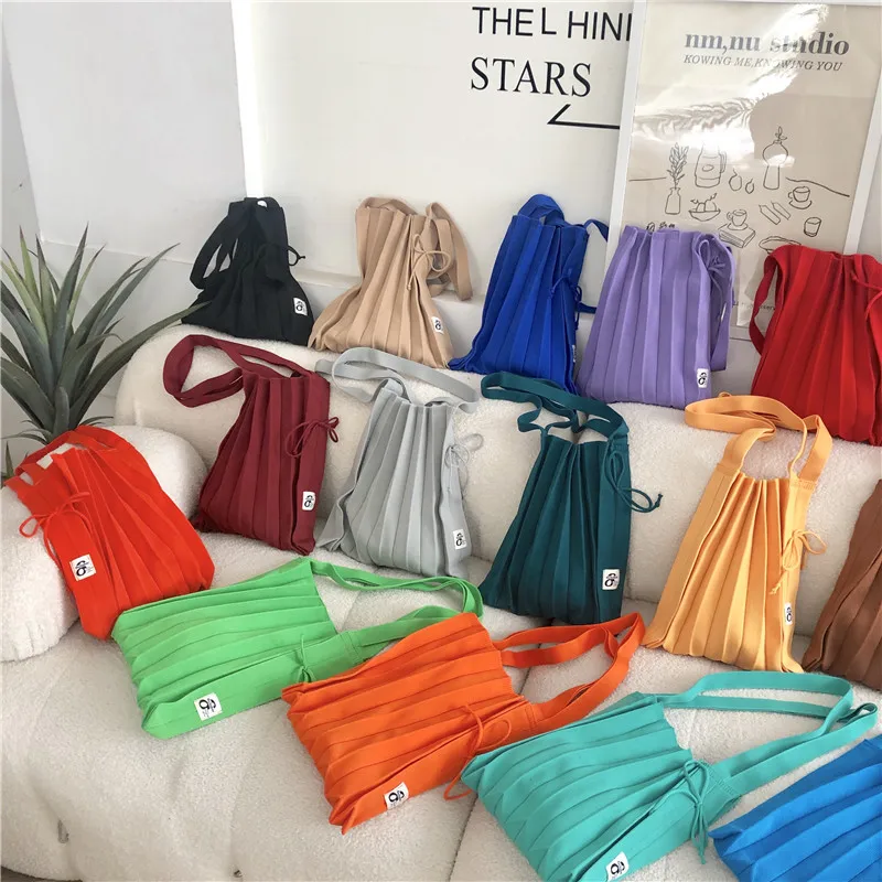 Female Wool Knitted Pleats Tote Organ Bag Designer Chic Stitching Contrast Korean Fashion Shoulder Shopper Handbag For Women
