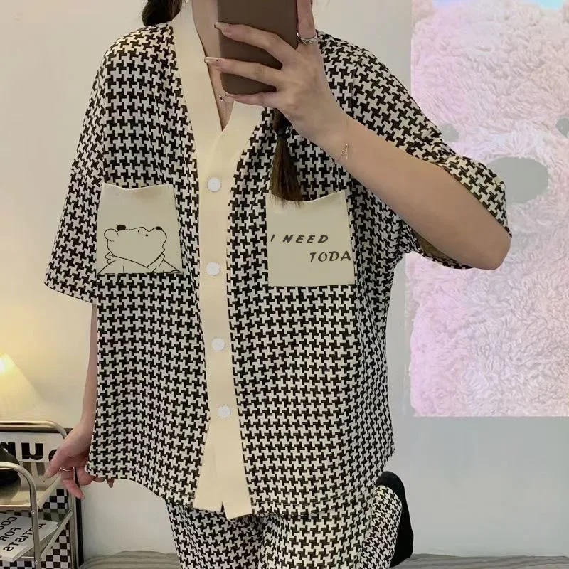 ملابس نوم أنيقة تشبه القطن للنساء صيفية بأكمام قصيرة وسراويل طويلة مكيفة للغرفة ملابس خارجية غير رسمية مجموعة ملابس منزلية