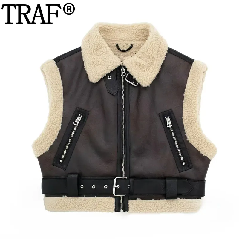 

TRAF Cropped Faux Leather Vest Women Fleece Sleeveless Vests For Women Fashion Belt Faux Sheepskin Coat Woman Winter 2023