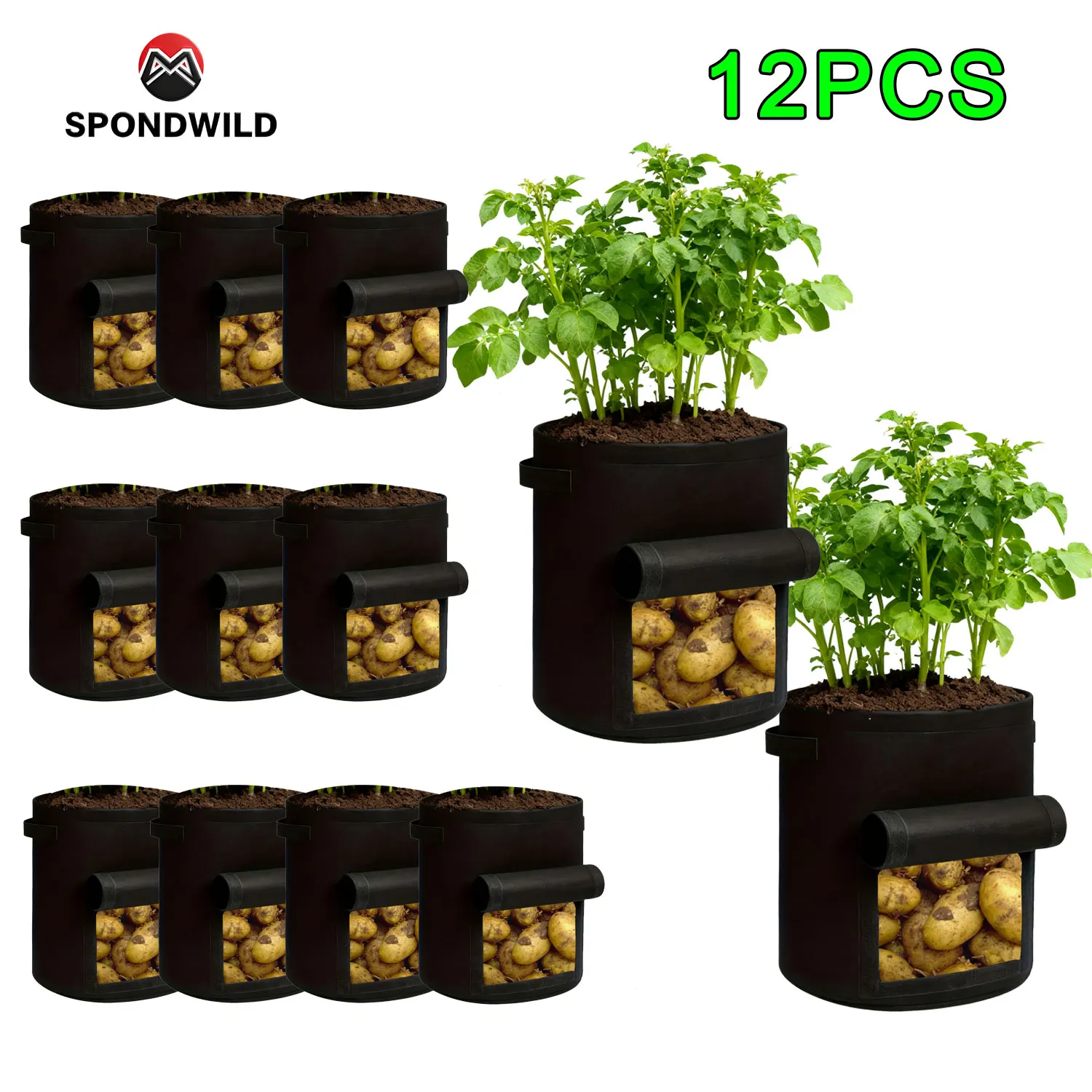 SPONDWILD 12 Stück 5 Gallonen Pflanzenwachstumsbeutel, verdickter Vliesstoff, für Garten, Gewächshaus, Kartoffeln, Topf, Gemüseanbau