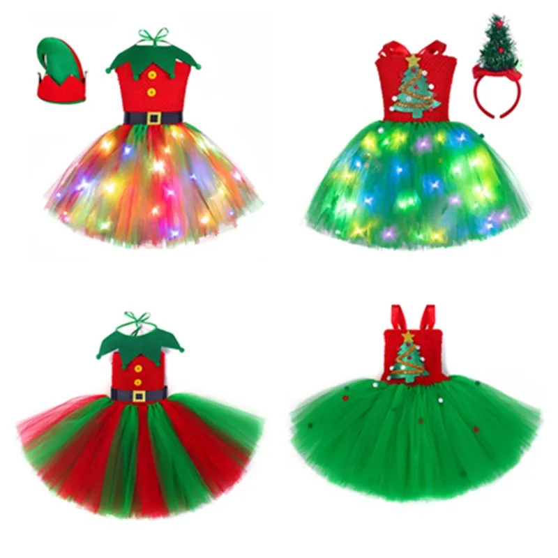 

Christmas ELF Cosplay Costume Kids Cirls Tutu Dress Headband LED Glowing Dress Outfits Halloween Carnival Party Suit