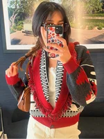 Tassel Patchwork Printed Cardigan Women Turn-down Collar Long Sleeve Knitted Fashion Lady Sweater Vintage 2025 Autumn Cardigans