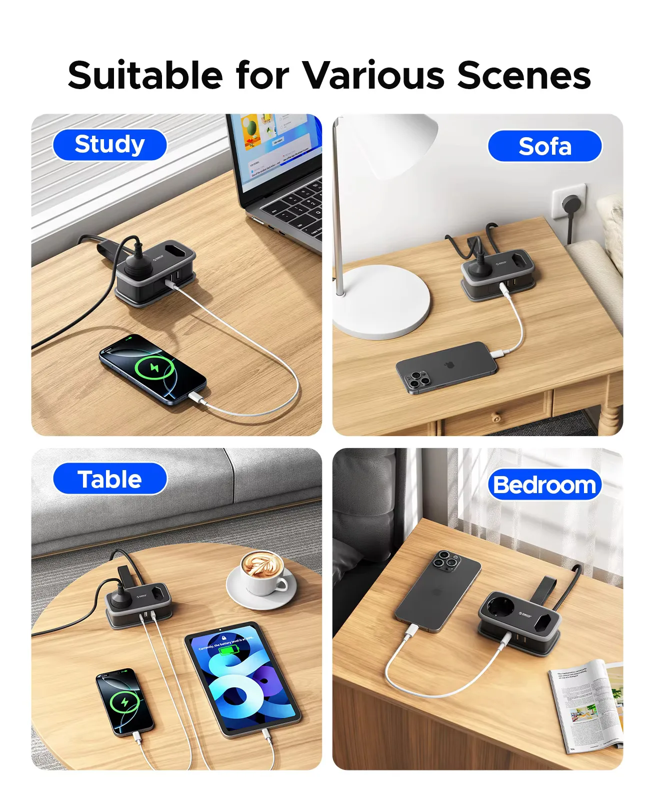 ORICO Travel Power Strip Smart EU Plug 3.6FT Extension Cord 5 Port USB A Type C Charging Station Adaptador Stand