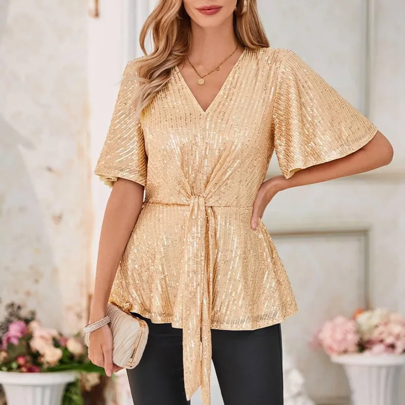 

2024 Summer Sequin Ruffle Tops for Women Short Sleeve Sparkly Dressy Tops Ruched Wrap Blouse Party Club Shirt