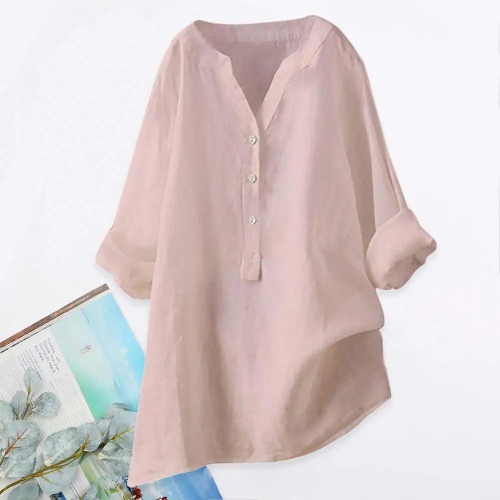 

Stylish Women Shirt Buttons Half Placket Soft Retro Shirt Casual Loose Cotton Linen Women Shirt