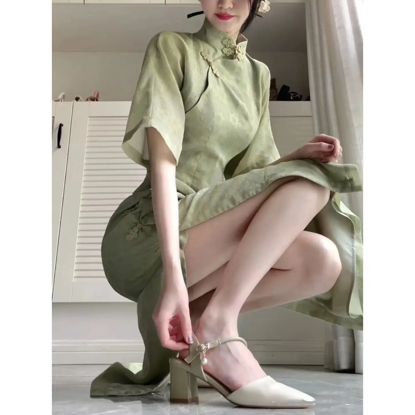 Green Chinese Style Improved Cheongsam 2022 New Summer Improved Cheongsam Elegant Midi Dresses Women Green Qipao