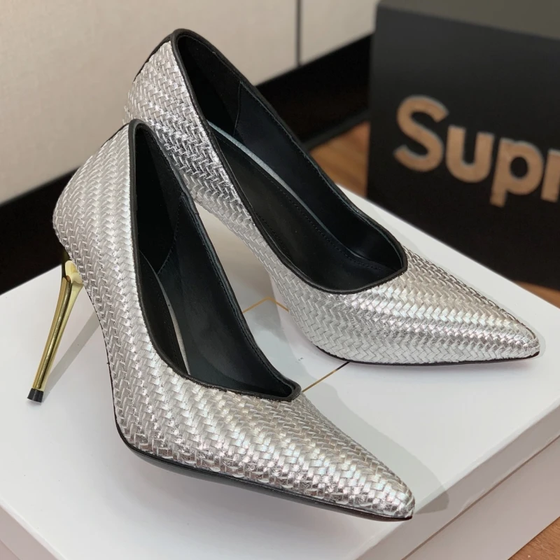 

Silver Weave Women Single Shoes Slip-On Ladies Shoes Metal Stiletto Heels Tacones Para Mujer Pointed Toe Sapatos Feminino 2024