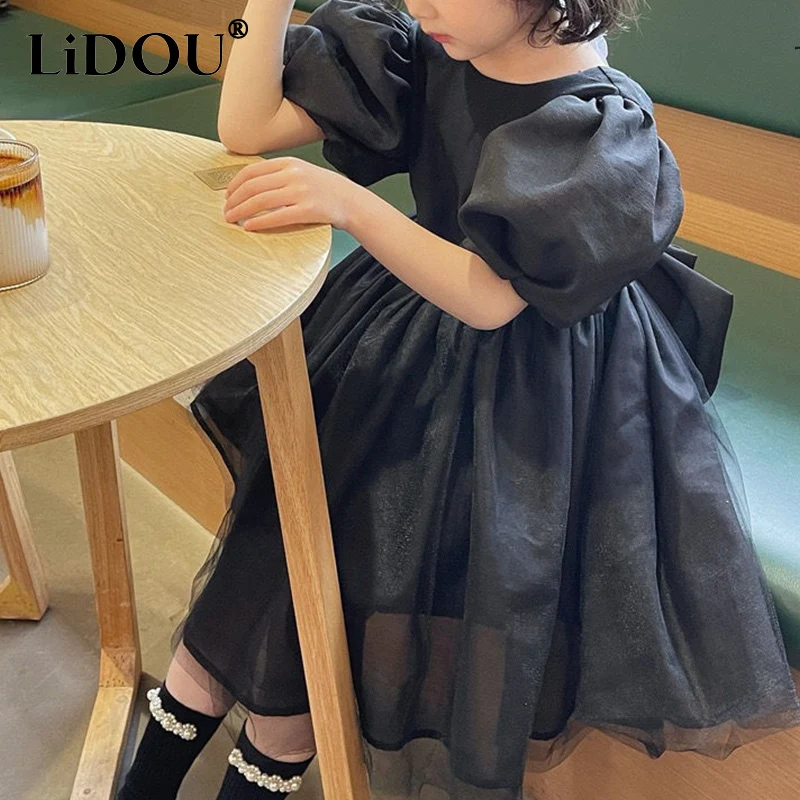 

2023 New Summer Korean Fashion Vintage Sweet Aesthetic Cute Kawaii Chic Grace Casual Dress Solid Color Clothes Children Sets