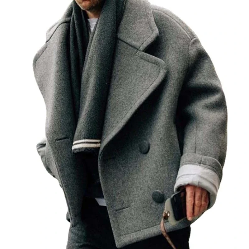 Polo Collar Woolen Jacket for Men European American Autumn Winter Street Trendy Short Style Shoulder Length Straight Hem Jacket