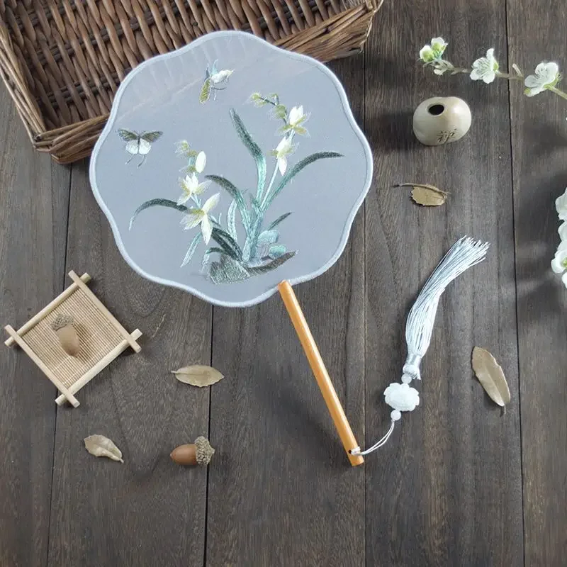 Double Sided Embroidery Dance Fan, Antique Style Round Shaped Tenghua Hanfu Special Suzhou Decoration, Embroidery Versatile, 1Pc