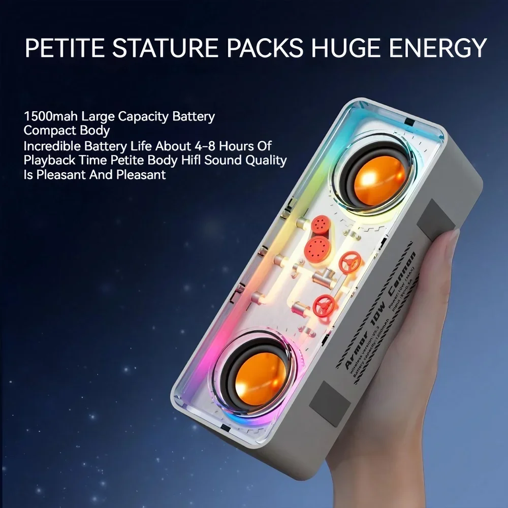 STONEGO 1PC LED TWS Bass Vibro-sound PUNK Style Dual Speakers Transparent Mechanical Wireless Bluetooth Speakers