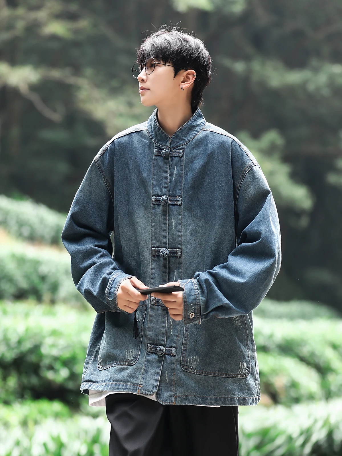 New Chinese Sle Retro Buttoned Denim irt Jaet Men's Loose Casual Trendy Tang Costume Jaet Autumn Season Youth Faion