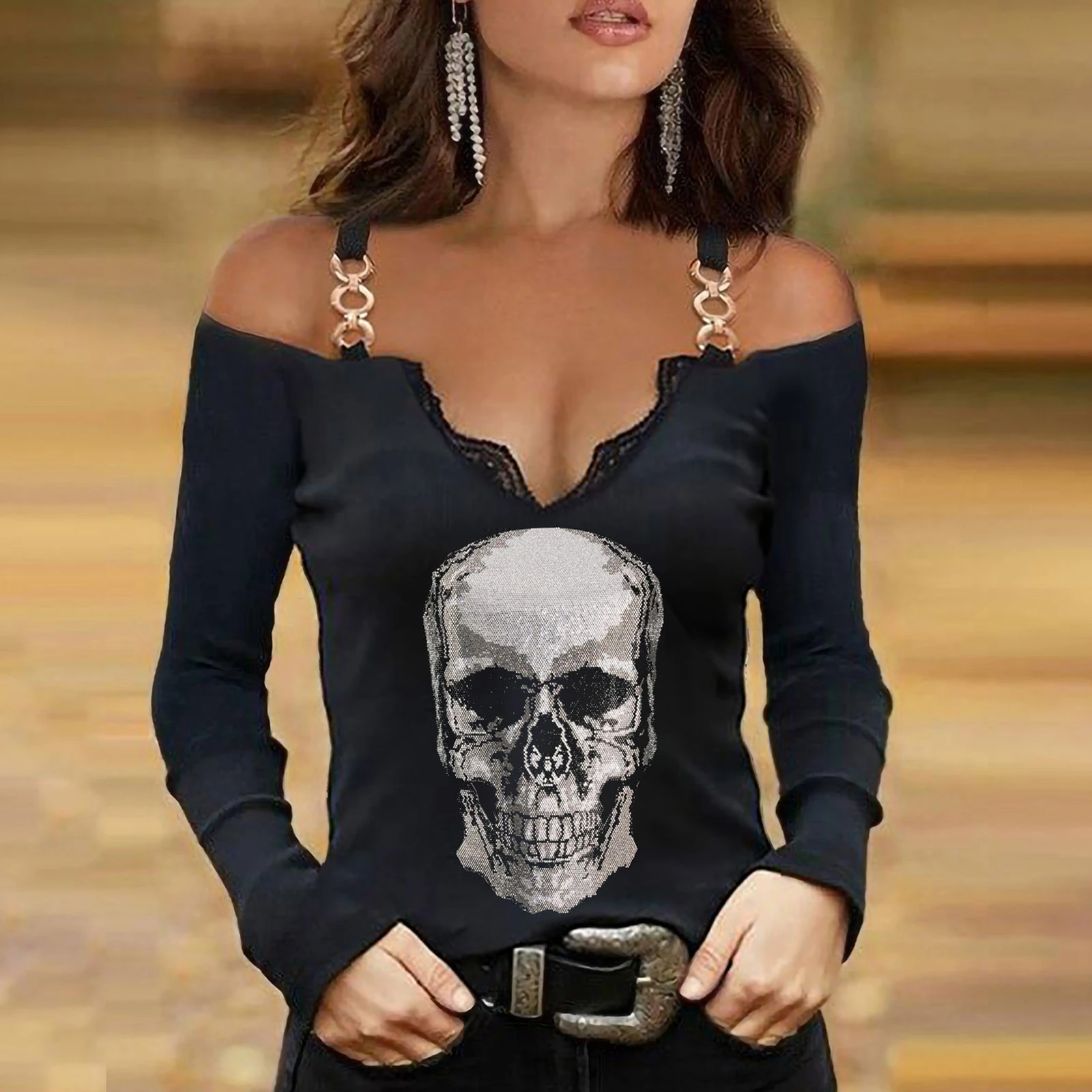 Camiseta con estampado de calavera y para mujer, blusa gótica con hombros descubiertos, Sexy de manga larga con correa de cadena para primavera y verano| - AliExpress