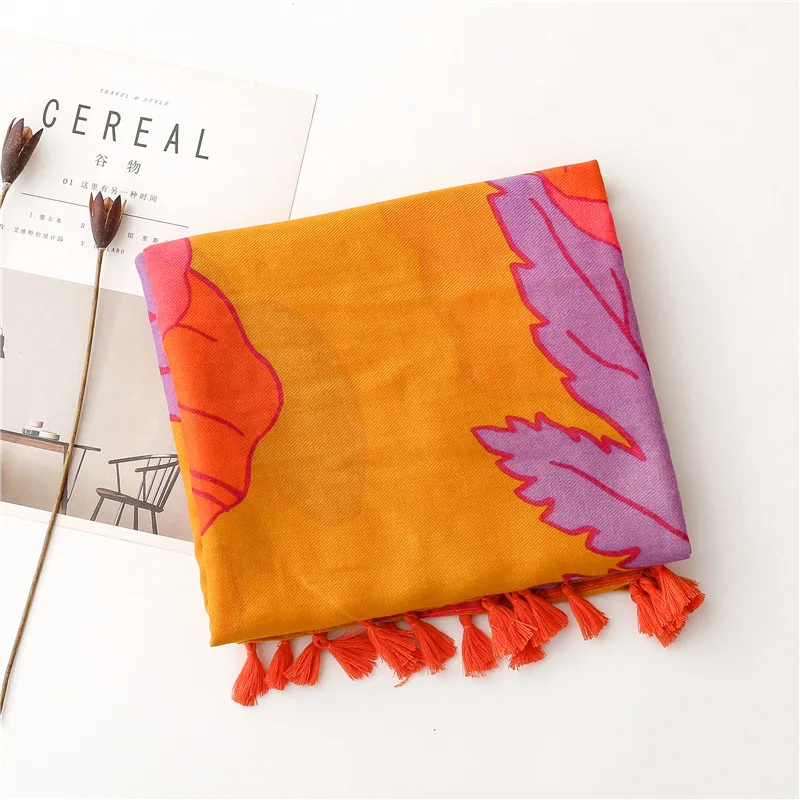 Neue weiche Baumwolle und Leinen fühlen Schal Frühling Sommer Retro leuchtend orange Blume Seide Schal Sonnenschutz Cape Lätzchen Dekoration – Detail 5