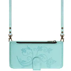 Elegant Embossed Floral Zipper Leather Wallet Flip Case with Crossbody Strap for Pova 7 Ultra (Mintgreen - Long Strap)
