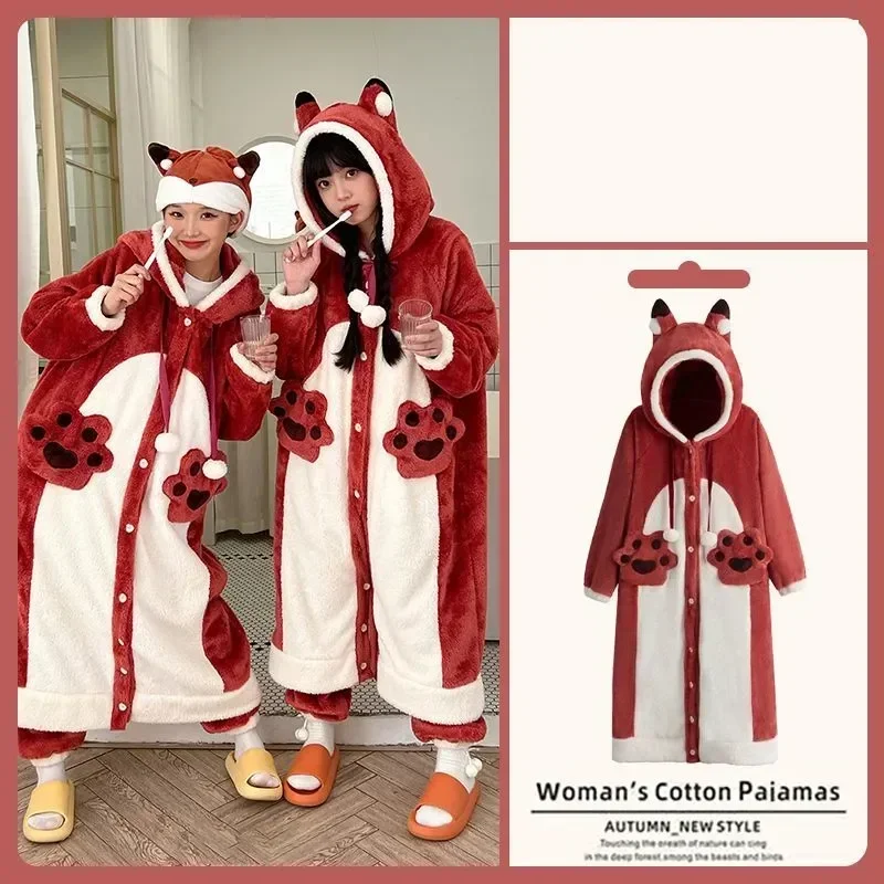 

Women Wear Coral Pajamas Fleece Nightgown+pants Cloak Cartoon Gown Women's Nightgown Night Ladies Winter Foxs Robe Robes