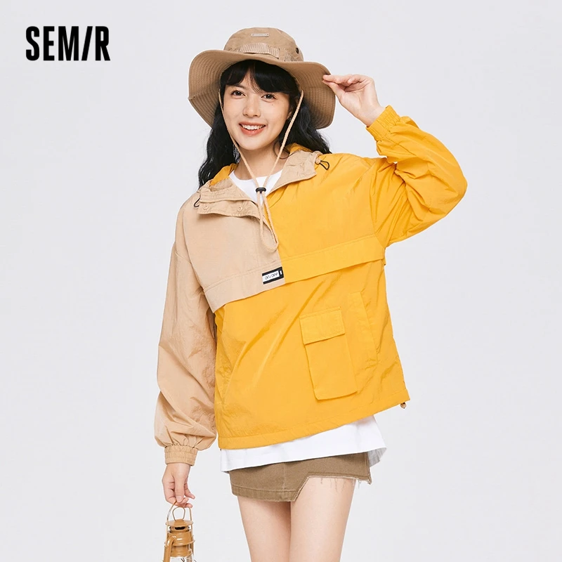 Semir Coat Women Texture Contrast Color Stitching Mesh 2022 Autumn New Loose Hooded Jacket Drawstring Top Casual Trendy